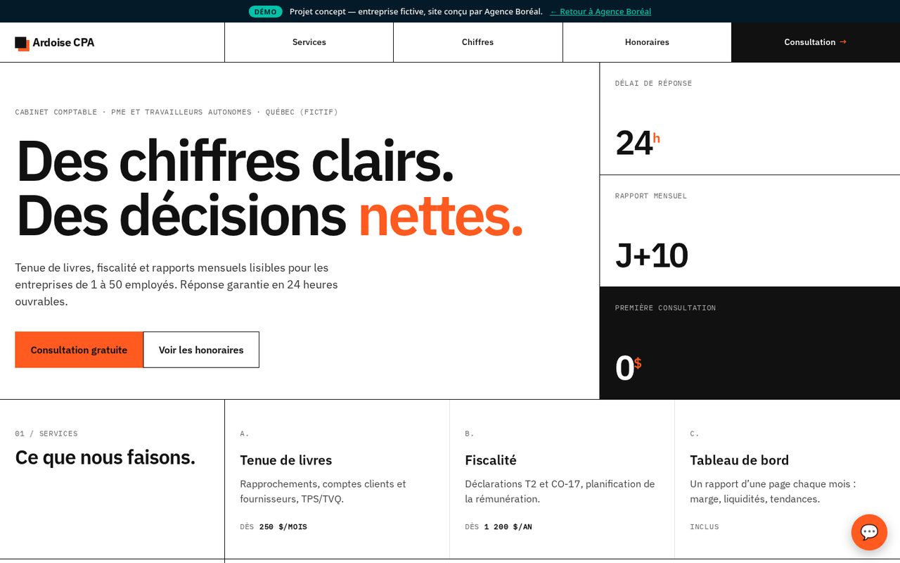 Aperçu de création de site web pour cabinet de services professionnels PME au Québec — concept Ardoise CPA