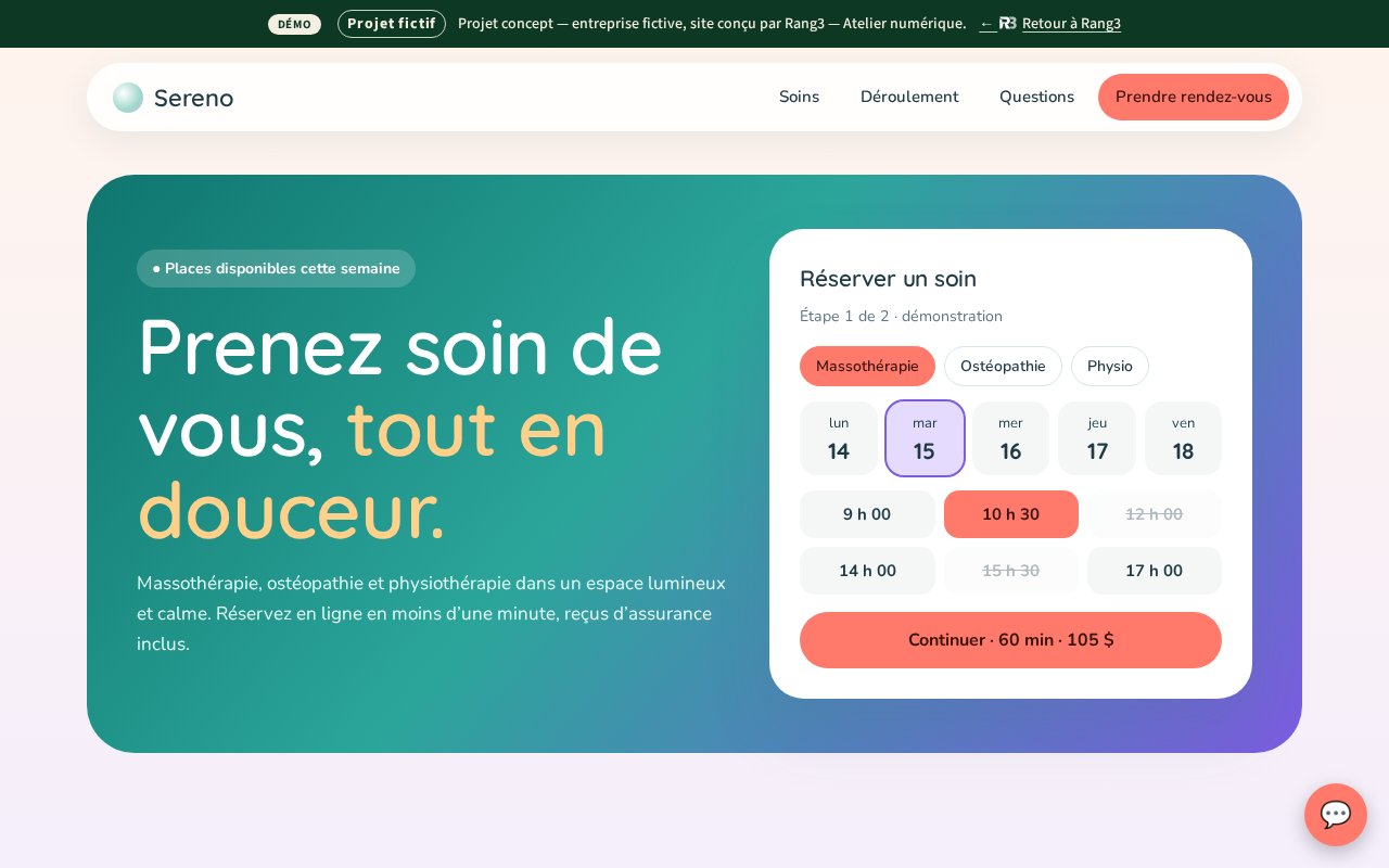 Aperçu de site web avec prise de rendez-vous en ligne pour clinique de santé et bien-être — concept Clinique Sereno