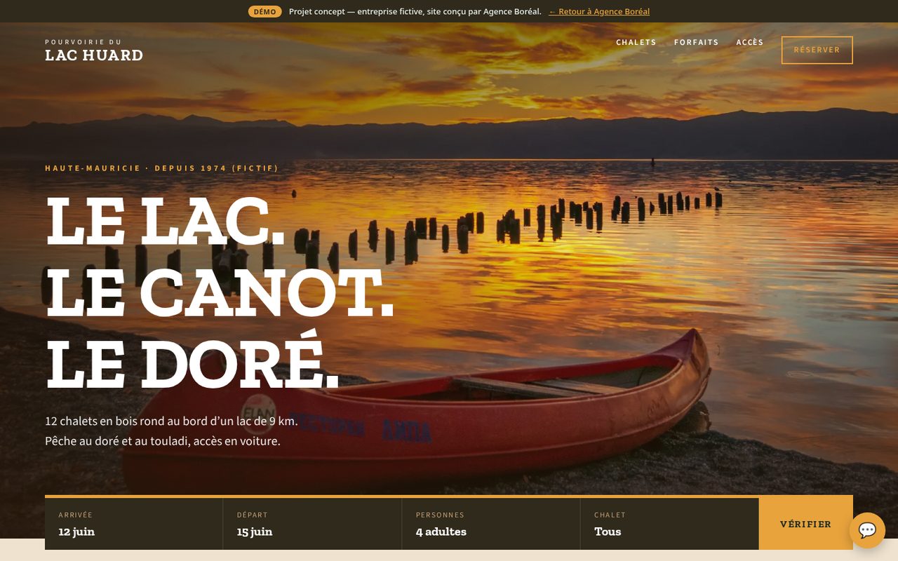 Aperçu de création de site web bilingue avec agent IA et réservation en ligne — concept Pourvoirie du Lac Huard